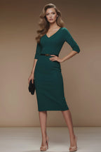 MERYL - dark green fitted sheath dress with 3/4 sleeves