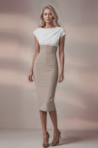 JACKIE - stone grey / light ivory fitted sheath dress
