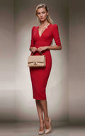 RITA - red fitted sheath dress with 3/4 sleeves