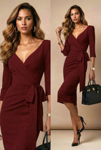 SCARLETT - bordeaux fitted sheath dress with 3/4 sleeves