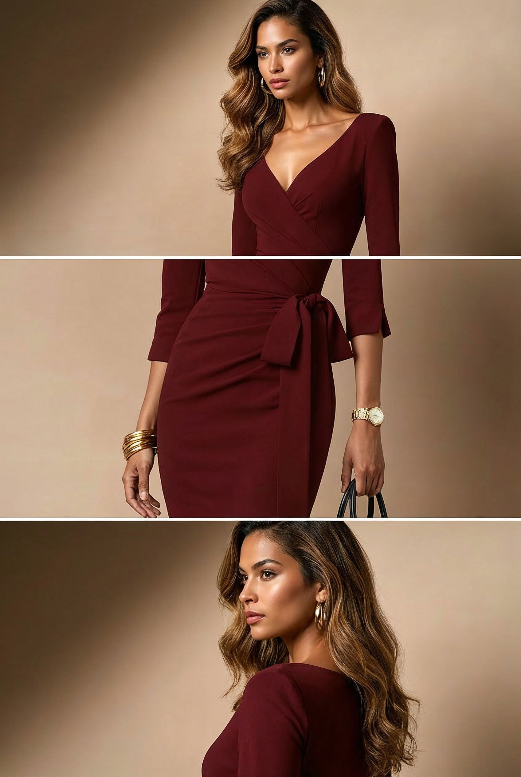 SCARLETT - bordeaux fitted sheath dress with 3/4 sleeves