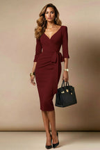 SCARLETT - bordeaux fitted sheath dress with 3/4 sleeves