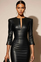 SHARON - black fitted vegan leather dress with 3/4 sleeves