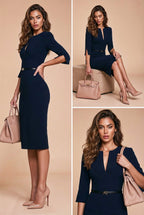The AUDRAY Dress – navy sheath dress  with 3/4 sleeves with adjustable neckline