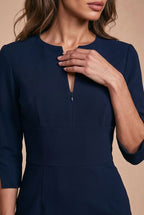 The AUDRAY Dress – navy sheath dress  with 3/4 sleeves with adjustable neckline